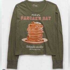 Aerie Women's Olive Green Long Sleeve Pancake Day Graphic Tee Size Small